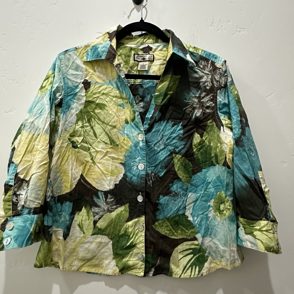 Caribbean Joe 100% Cotton Flower Button Up‎ Shirt Size Large Women's